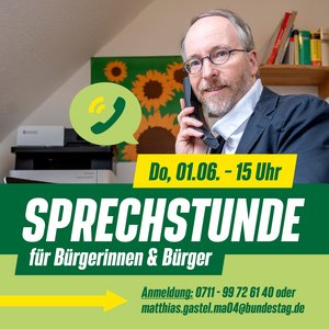 Telefonsprechstunde mit Matthias Gastel am 1.6.2023 ab 15 Uhr
